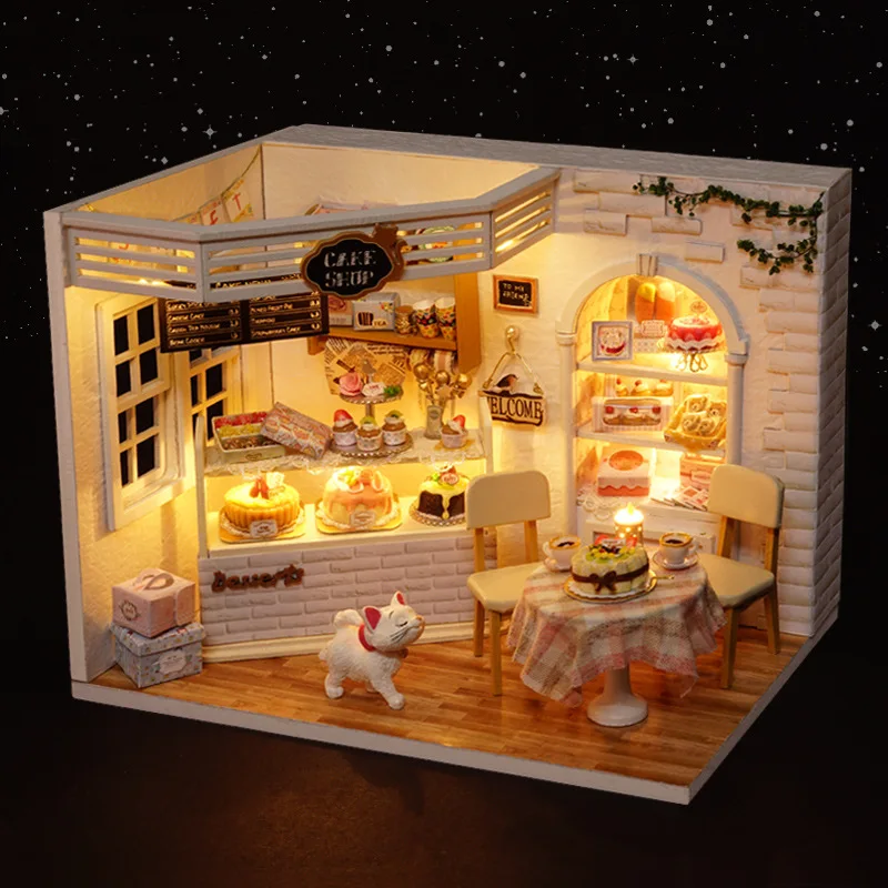 DIY Dollhouse Kit with Dust Cover Cakes Restaurant Model with Furniture Music Wooden Building Blocks Toy Christmas Birthday Gift
DIY Dollhouse Kit with Dust Cover Cakes Restaurant Model with Furniture Music Wooden Building Blocks Toy Christmas Birthday Gift