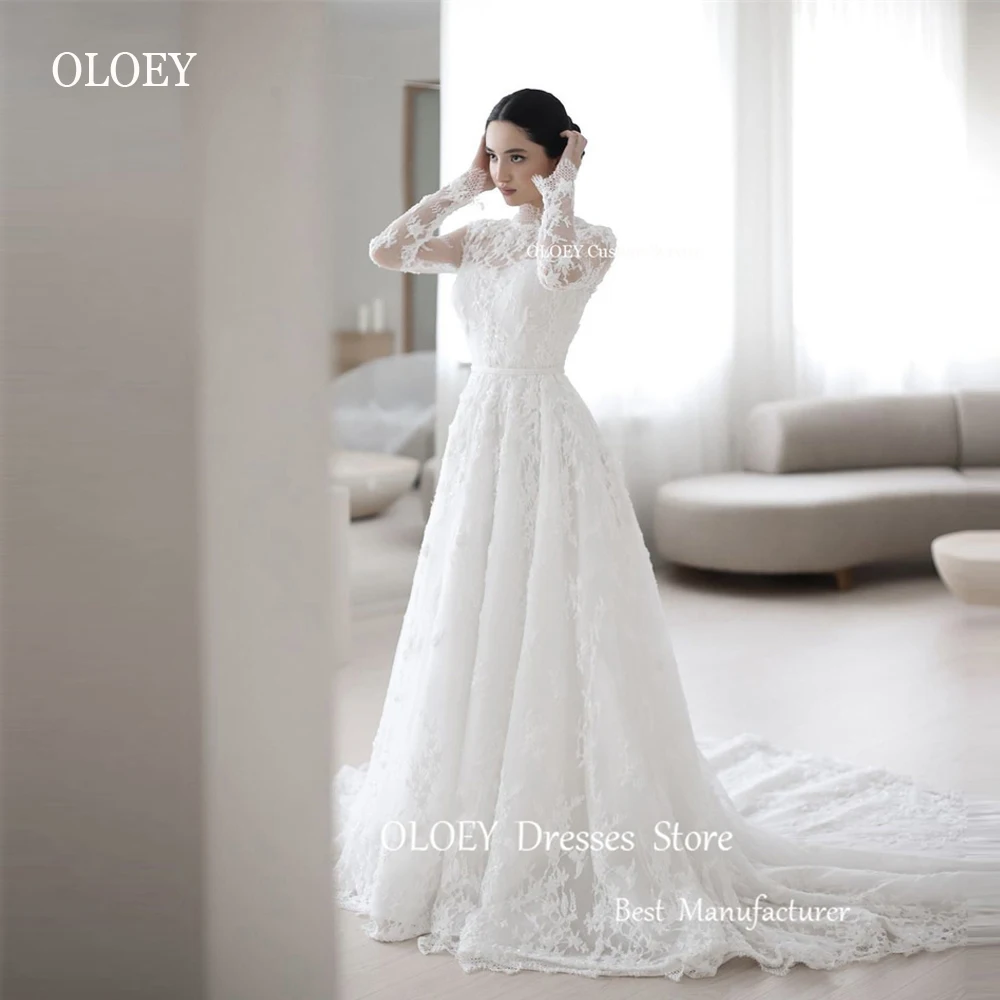 

OLOEY Modest A Line Full Lace Weding Dresses Dubai Arabic Women Long Sleeves High Neck Buttons Back Train Elegant Bridal Gowns