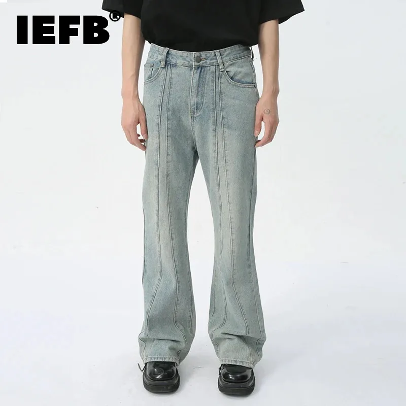 

IEFB Men's Denim Pants Niche Design Bell-bottoms Patchwork Retro Style Mid-rise Casual Male Jeans 2024 Summer New Fashion 9C5707