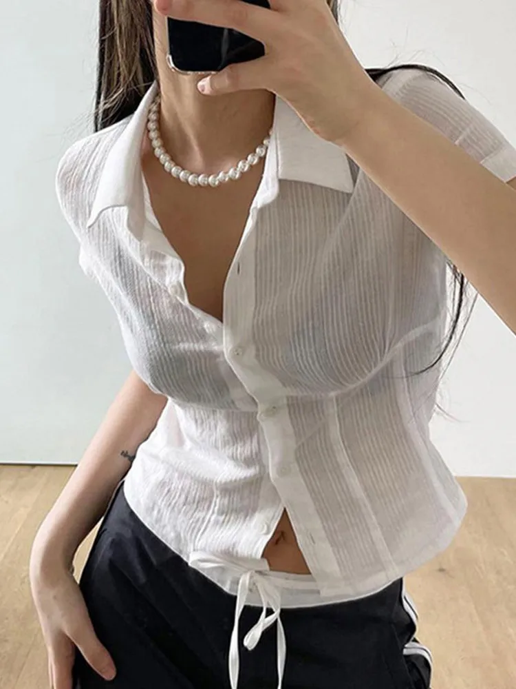 Jacquard knitted white thin basic casual Y2K shirt and shirt women's button up lapel short-sleeved summer blouse
Jacquard knitted white thin basic casual Y2K shirt and shirt women's button up lapel short-sleeved summer blouse