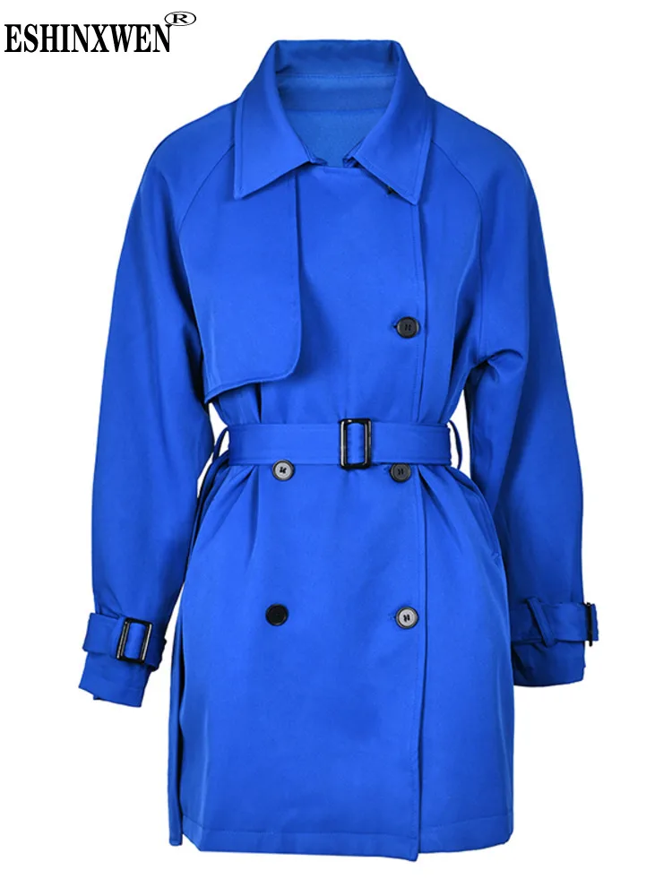 

Женский двубортный Тренч средней длины Eshin, синяя ветровка с отложным воротником и длинными рукавами, пальто с поясом, TH4565, осень 2023