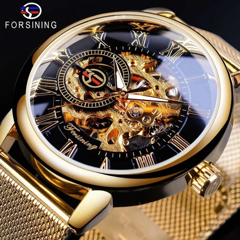 

Forsining Mesh Belt Men's Manual Manipulator Watch Luxury Hollow out See through Case Golden and Black Dial