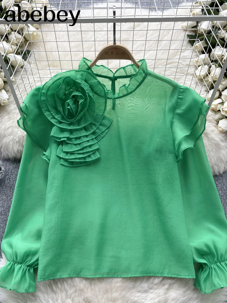 

Chic Blusas Femininas Elegantes Gauze Three-dimensional Floral Lantern Sleeve Blouse Tops Solid Loose Camisas Autumn Dropship