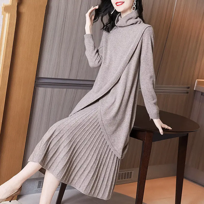

2024 New Design Sense Niche Belly Covering Slimming Long over-the-Knee Knitted Two-Piece Sweater Dress