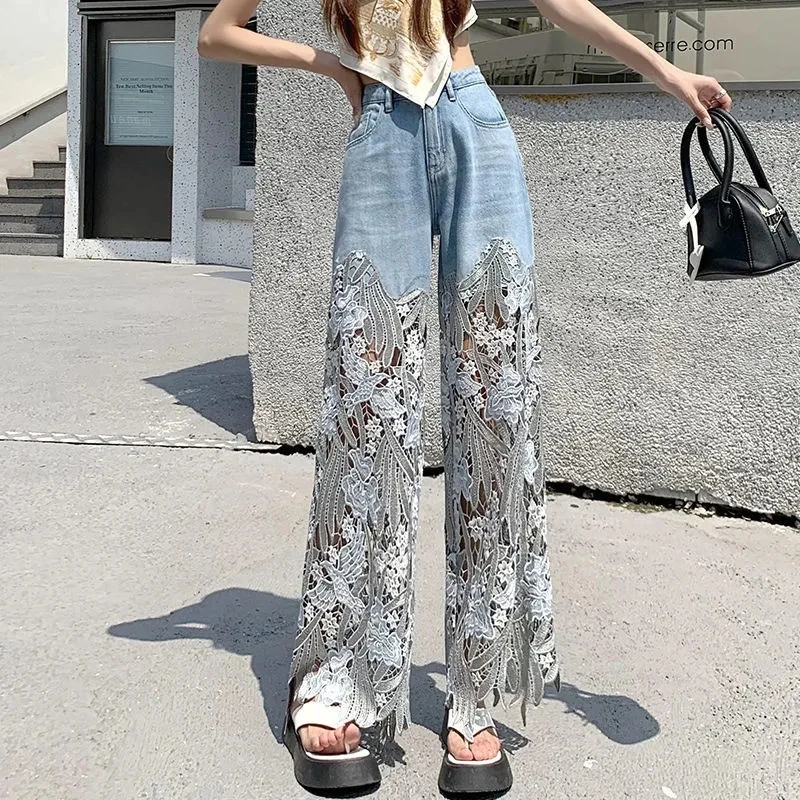 Fashion High-waist Wide-leg Pants 2023 New All-match Hollowed Out Lace Stitching Denim Pants Loose Straight Jeans Women Trousers
Fashion High-waist Wide-leg Pants 2023 New All-match Hollowed Out Lace Stitching Denim Pants Loose Straight Jeans Women Trousers