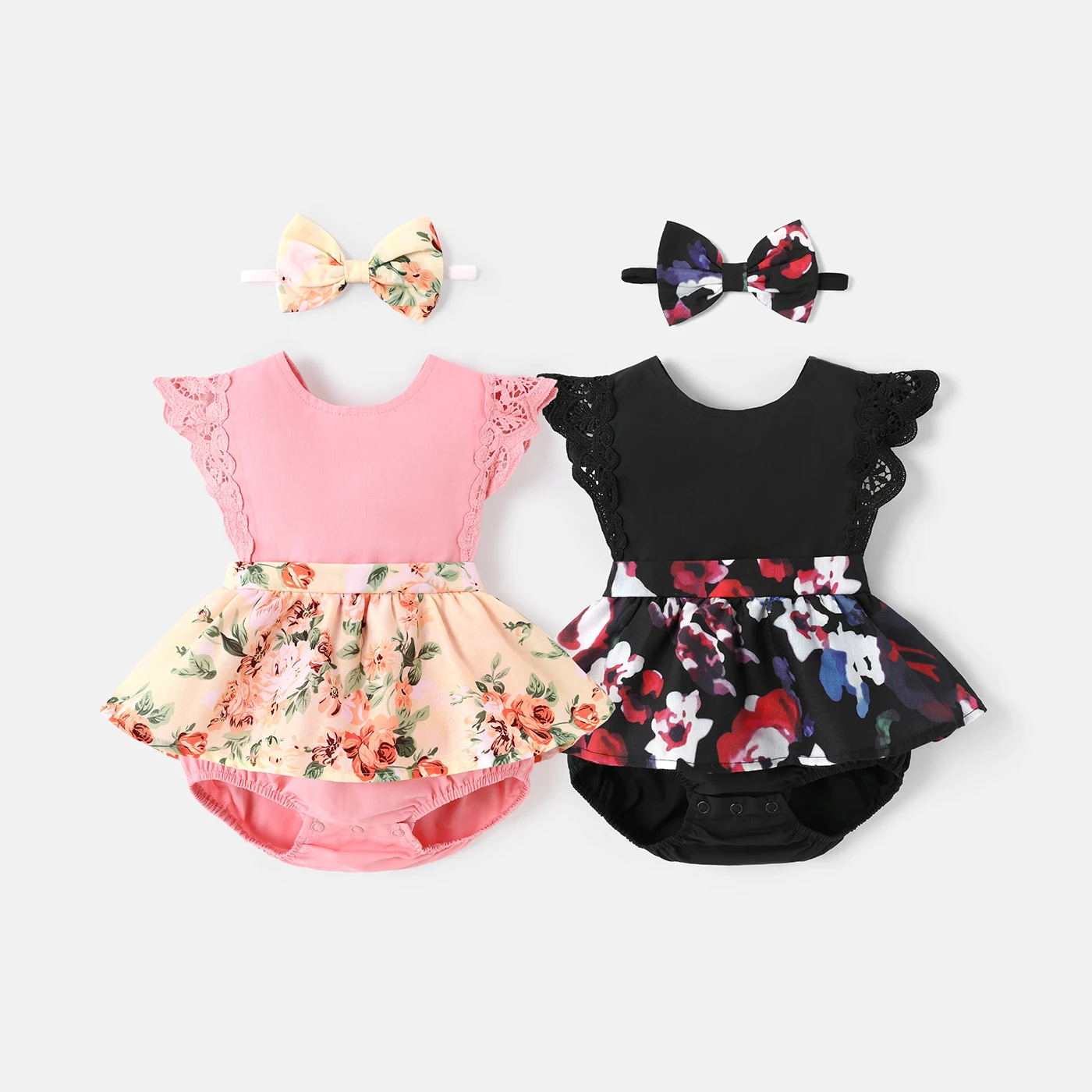 

PatPat 2pcs Baby Girl 100% Cotton Solid & Floral-print Spliced Lace Flutter-sleeve Romper with Headband Set