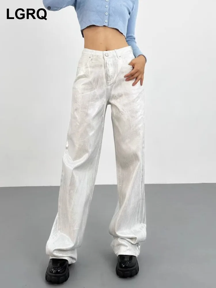 

LGRQ American Style 2024 Spring New High Street Loose Wide Leg Glossy Silver Denim Pants Women's Straight Jeans Trendy 19Z2105