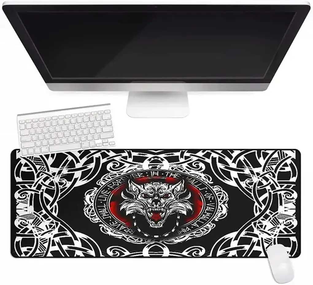 

Norse Viking Wolf Patterrn Mouse Pad Non-Slip Rubber Mouse Pad with Stitched Edges Waterproof Mouse Mat for Office 35.4" x 15.7"