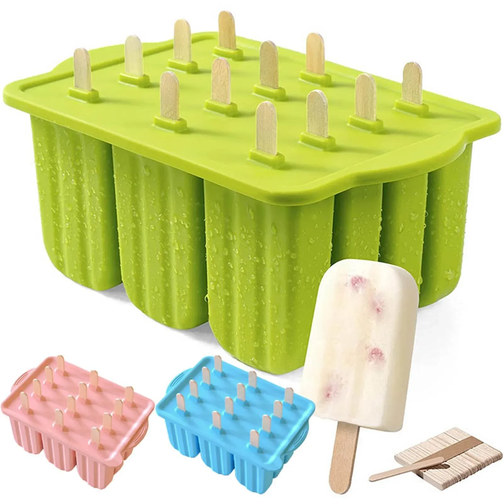 

2024 New Summer Silicone Popsicles Molds,12 PCS DIY Homemade Cube Maker,Easy-Release BPA-free Ice Cream Pop with 50PCS Sticks