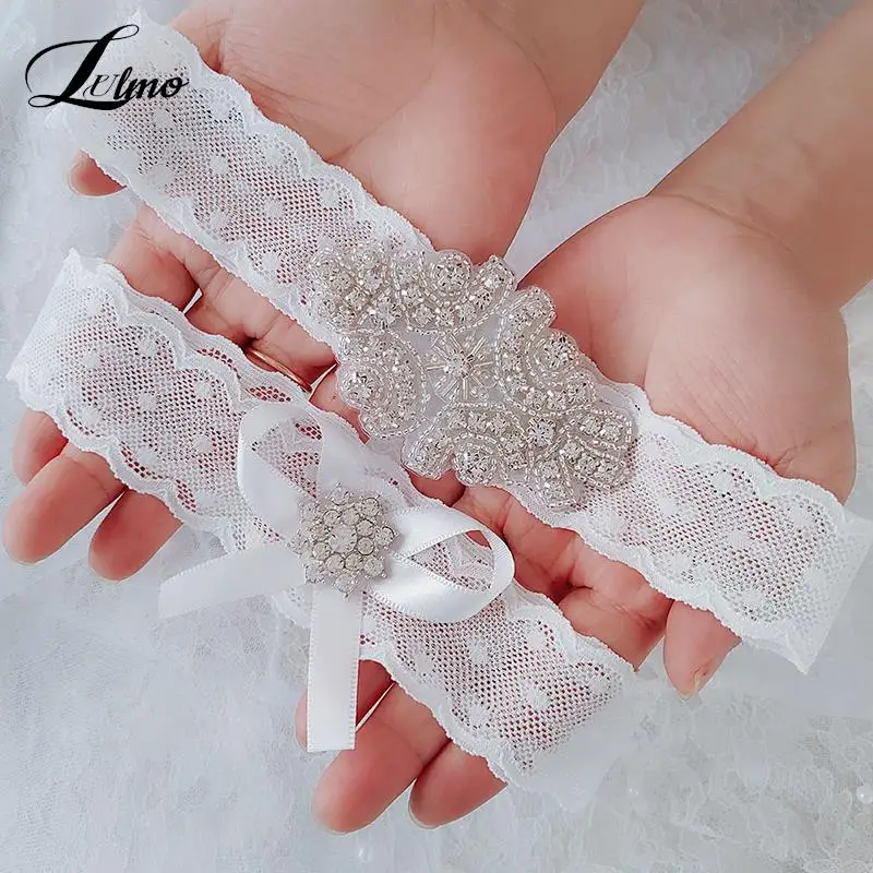 

2pcs Wedding Garter Rhinestone Bow Lace Leg Ring White Sexy Garters Thigh Ring Bridal Leg Garte Gift For Wife Women Female Bride