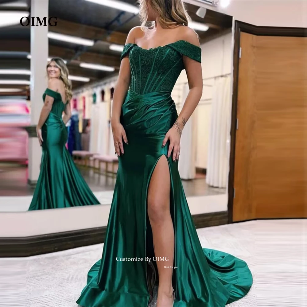 OIMG Modest Green Lace Satin Formal Evening Dresses Strapless Sequins Side Slit Floor Length Women Night Party Prom Gowns
OIMG Modest Green Lace Satin Formal Evening Dresses Strapless Sequins Side Slit Floor Length Women Night Party Prom Gowns