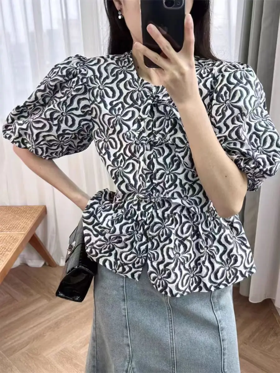 

Spring Summer Girls Bow Tie-up Peplum Top in Cotton Puff Sleeve Ladies Black White Cute Blouses for Women Fashion 2024 New