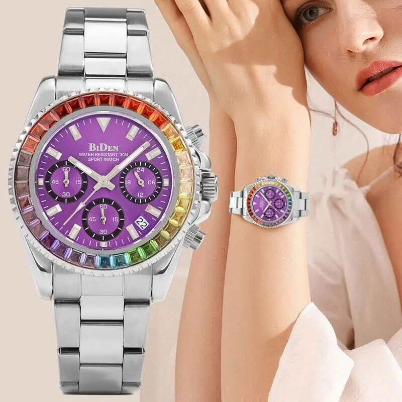 

Luxury Brand Wrist Watch Purple Dial Women Ladies Stainless Steel Strap Analog Stylish Sport Quartz Movement Watch Nice Gift