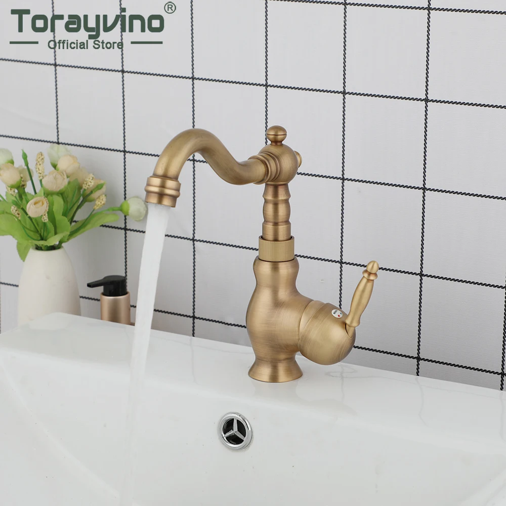 

Torayvino Antique Brass Bathroom Faucet Basin Sink Swivel Faucets Vanity Solid Brass Deck Mounted Hot And Cold Mixer Water Tap