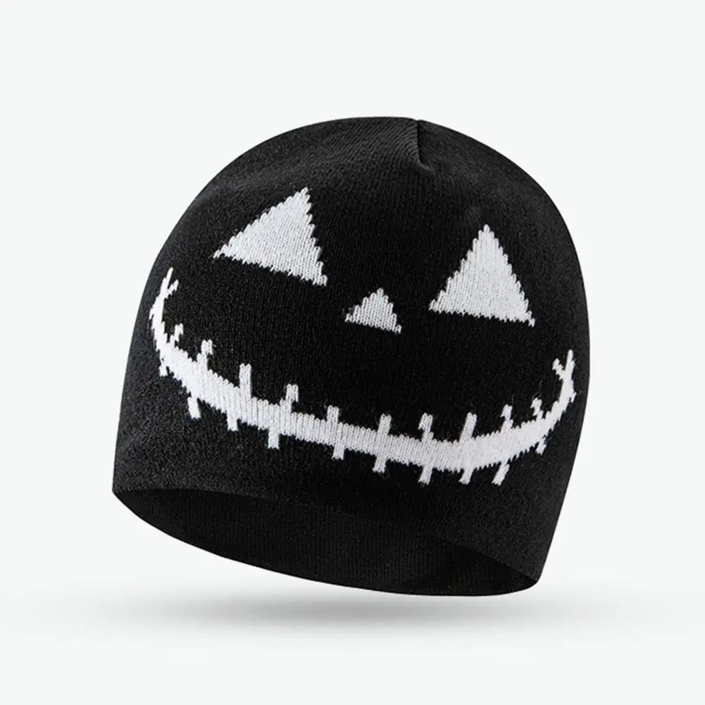 

Halloween Costume Accessory Spooky Pumpkin Ghost Face Beanie Hat Warm Wool Knitting for Men Women Halloween Holiday Festive