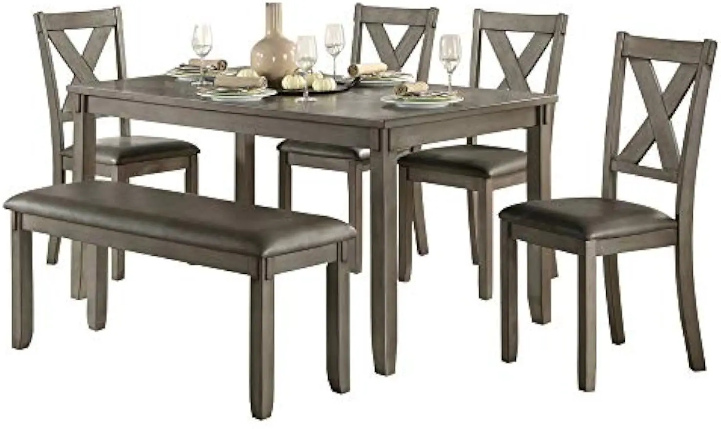 Homelegance Rustic 6 Piece, Includes 1 60' Table, 4 Upholstered Chairs & 1 Bench Kitchen & Dining Room Sets, Grey
Homelegance Rustic 6 Piece, Includes 1 60' Table, 4 Upholstered Chairs & 1 Bench Kitchen & Dining Room Sets, Grey