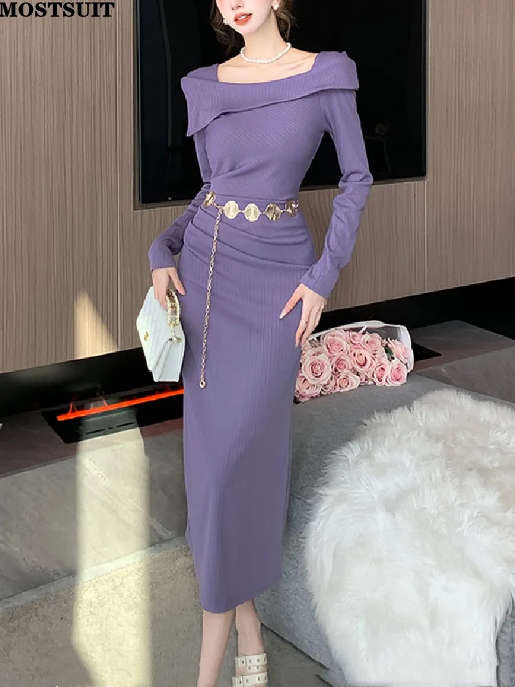 

Stylish Slim Fit Long Maxi Bodycon Dress For Women 2024 Autumn Long Sleeve Square Collar Belted Pencil Dress Elegant Sexy Vestid
