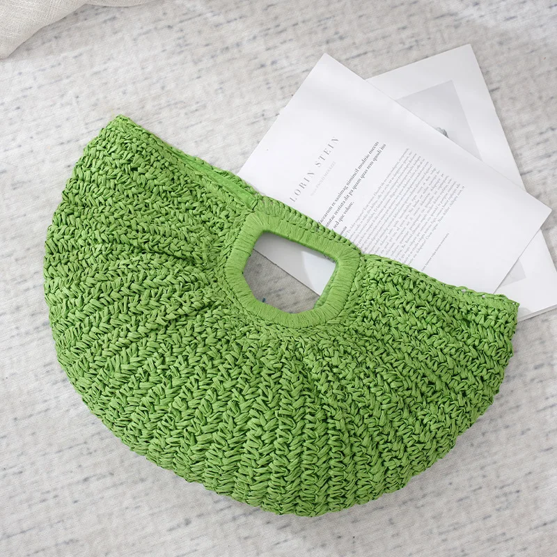 Half-Moon Woven Straw Handbag - Wooden Handle Beach Shopping Basket 9 Saee9818c84af4f38b2ce01fdb30f8b39N