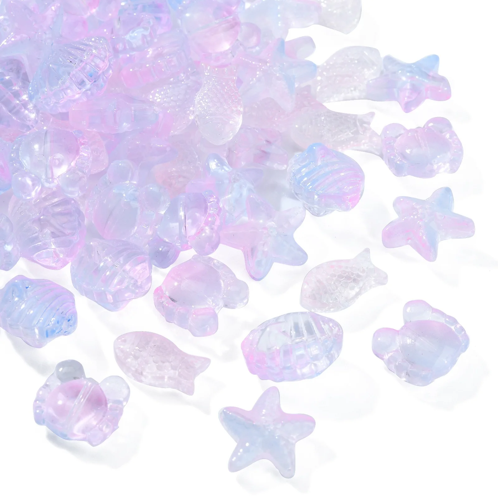 

100Pcs Pearl Pink Ocean Theme Beads Transparent Spray Painted Glass 3D Shell Crab Starfish Spacer Beads for Jewelry Making DIY