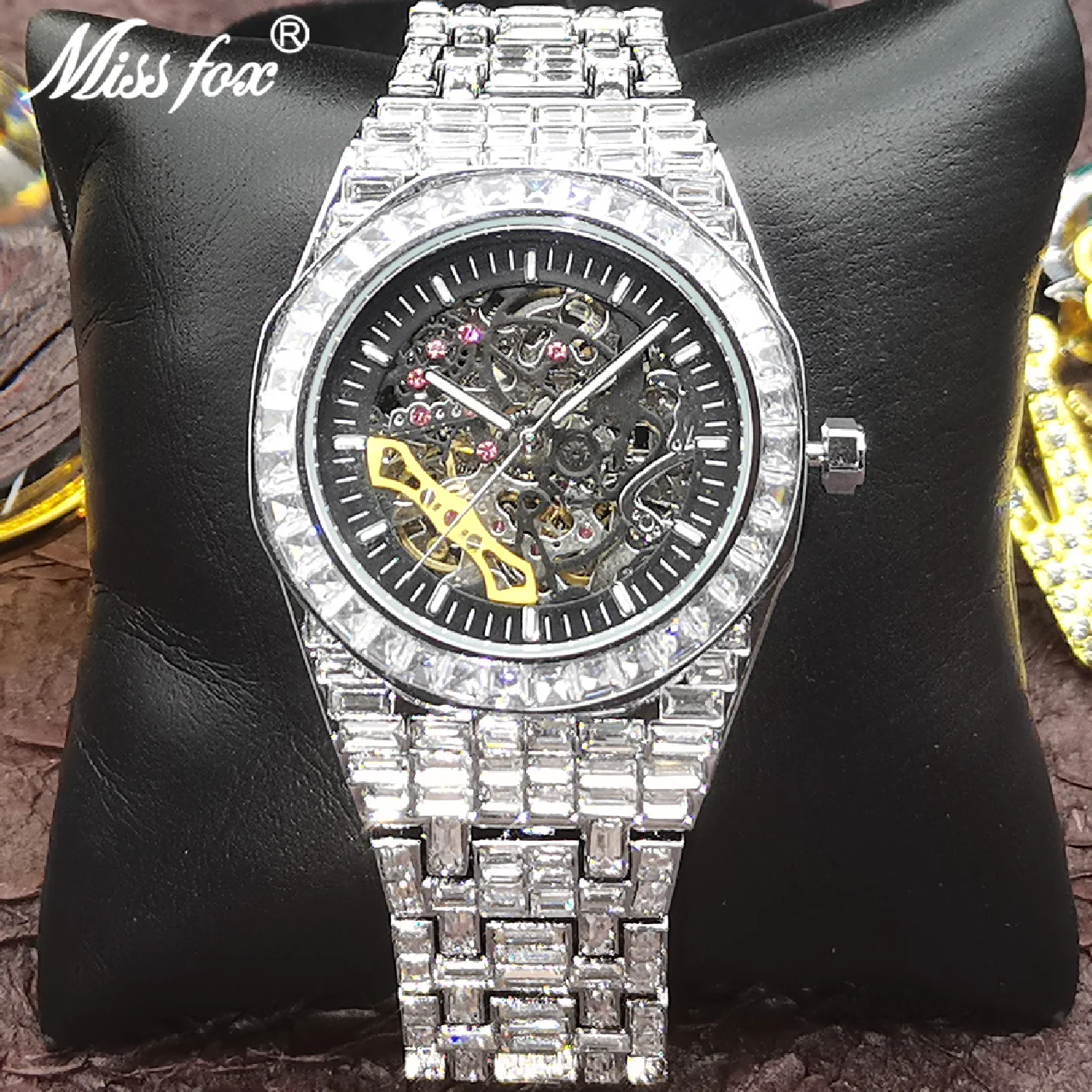

Hip Hop New Automatic Mechanical Men Watches Full Square Moissanite Silver Bling Watch Tourbillon AAA Clocks Rel��gio Masculino