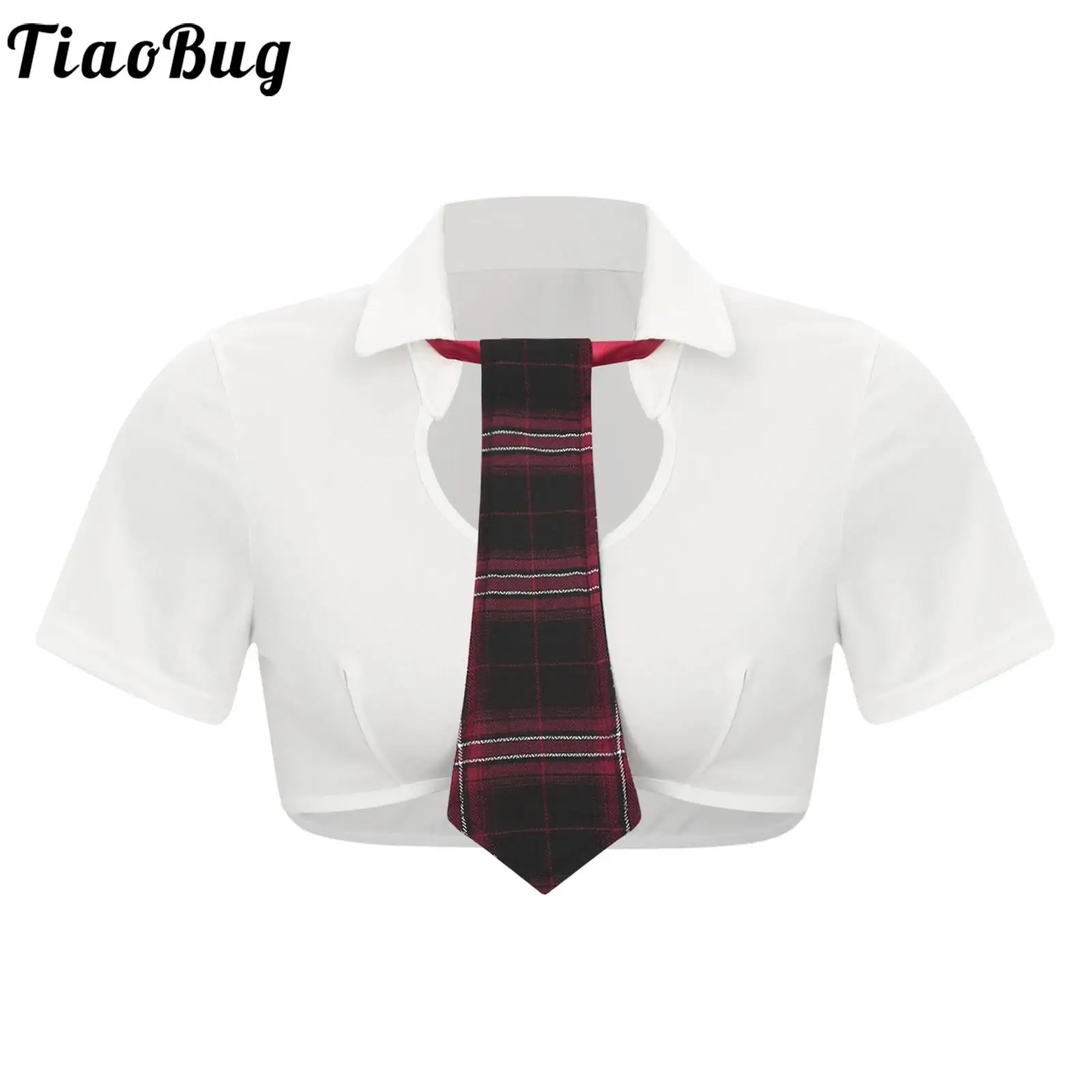 

Japanese Schoolgirl Crop Top with Plaid Tie Turn-Down Collar Plunging Neckline Short Sleeve Bodycon Bra Top Sexy Shirts Clubwear