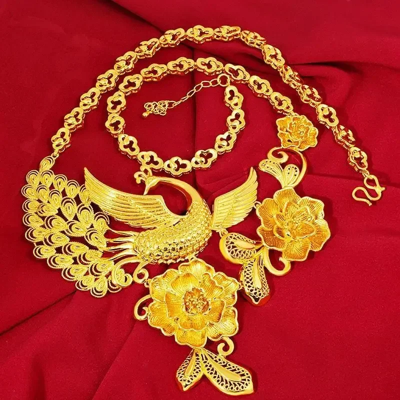 

Свадебные принадлежности имитация 100% 18K Настоящее 24-каратное Золото Свадебные украшения женское Ретро этническое феникс свадебный комплект ожерелья никогда не выцвел