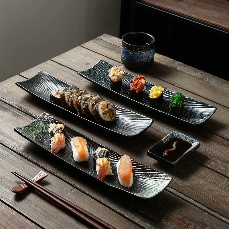 

Прямоугольная Женская керамическая тарелка холодного блюда, специальная длинная тарелка для винтажного ресторана, креативная тарелка для приготовления японских суши