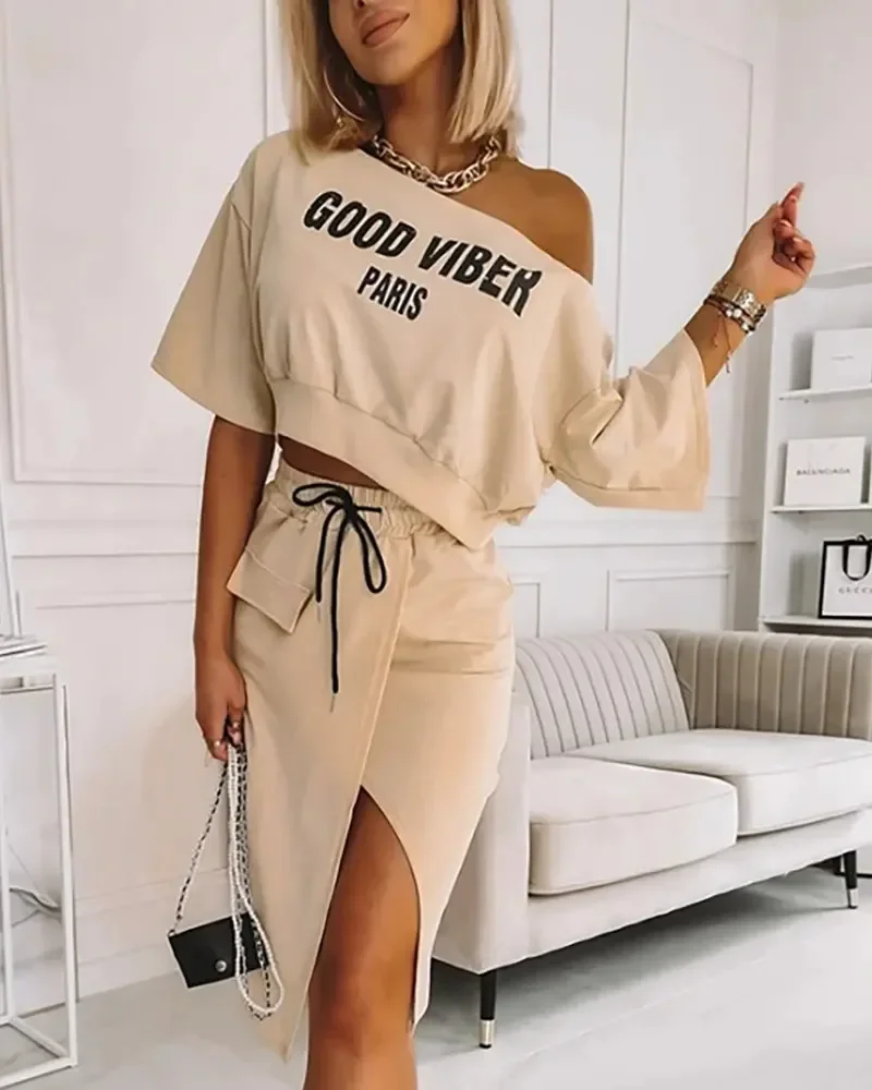 

Women Two Piece Sets Letter Skew Collar Short Sleeve Skirt Tops Pullover Shirt Split Skirts Lace Up Midi Waist Dress Autumn