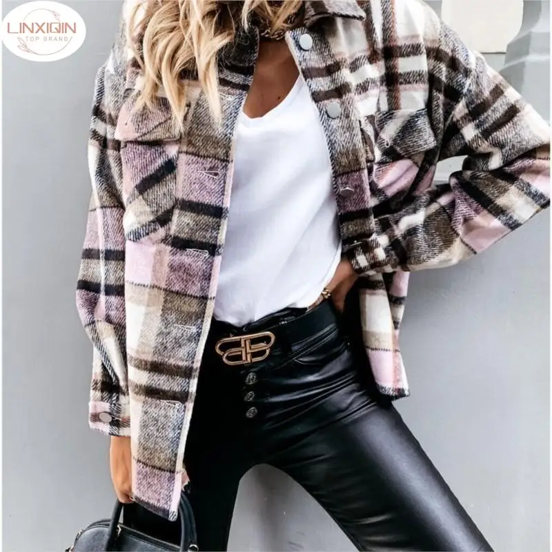 

2024 Autumn Long Plaid Jacket Women Coat Overshirt Winter Checkered Jacket Female Long Sleeve Shirt Jacket For Women