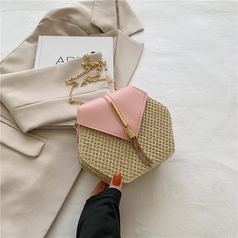 Hexagon Straw & Leather Handbag - Bohemian Woven Beach Shoulder Bag 26 Saefaab70f7514dc098b169b595707a55v