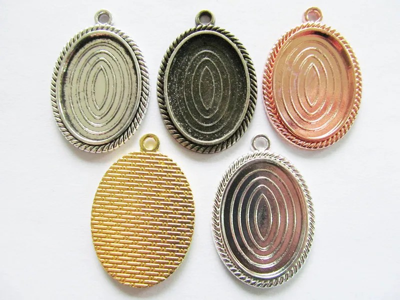 

50pcs 5 Colors Silver/Bronze/Gold/Rose Gold Twist Oval Base Setting Tray Bezel Pendant Charm,fit 18mmx25mm Cabochon/Picture