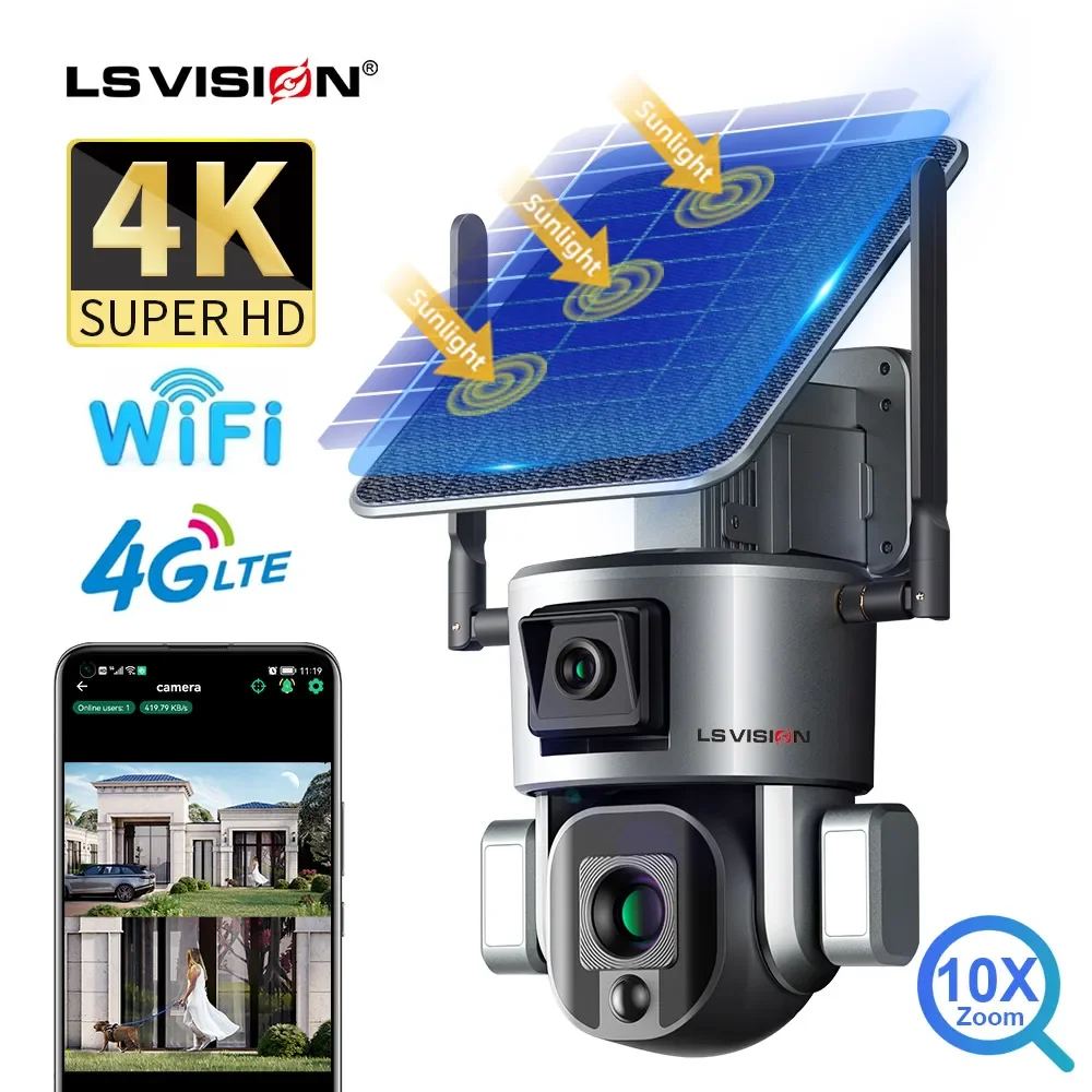 

LS VISION 4K UHD Dual Scrceen Preview 4G Solar Camera Outdoor WIFI 10X Optical Zoom Two-way Audio Color Night Vision CCTV Camera