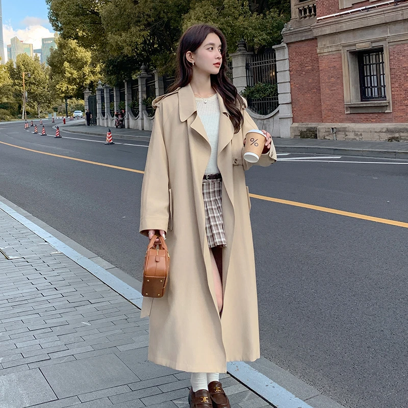

England Style Oatmeal Long Trench Coat for Women 2023 Autumn New Elegant Chic Loose Casual Belted Windbreaker Jacket Female 2380