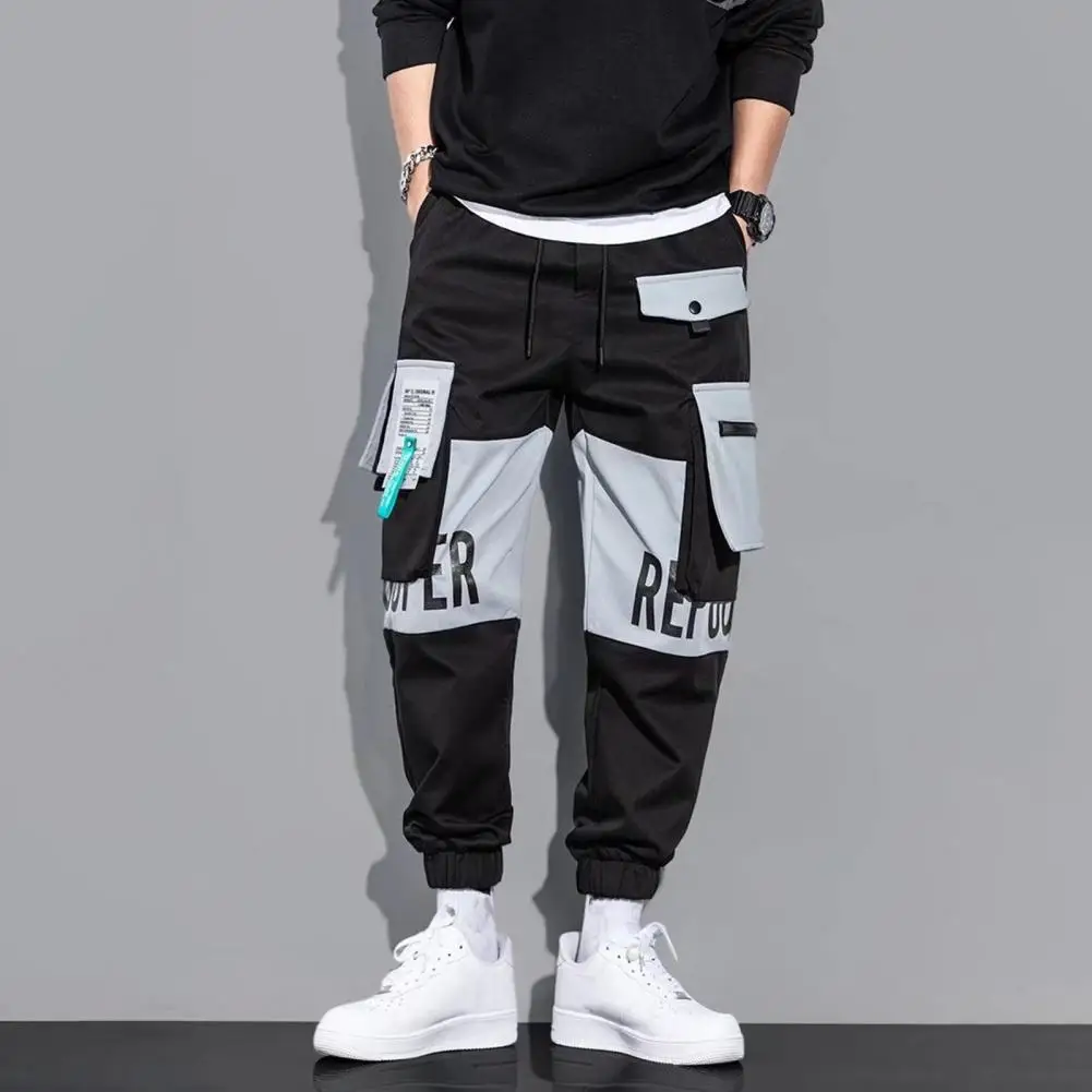 

Loose Pants Men's Cargo Pants with Drawstring Waist Multiple Pockets Featuring Letter Print Ankle-banded Contrast Color for Any