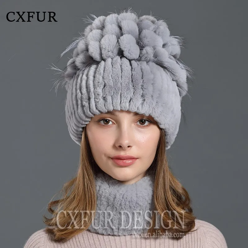 

Multi Colors Women Winter Beanies and Scarf Set Handknitted Real Rex Rabbit Fur Beanie Hat CX-C-171A