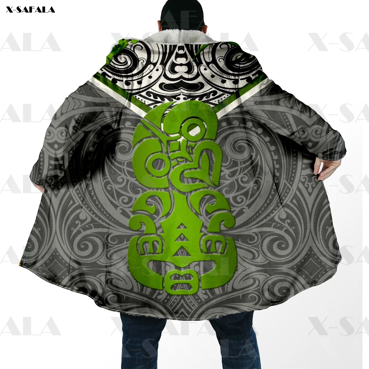 

New Zealand Maori Polynesian Printed Hoodie Duffle Coat Hooded Blanket Cloak Thick Jacket Cotton Pullovers Dunnes Overcoat