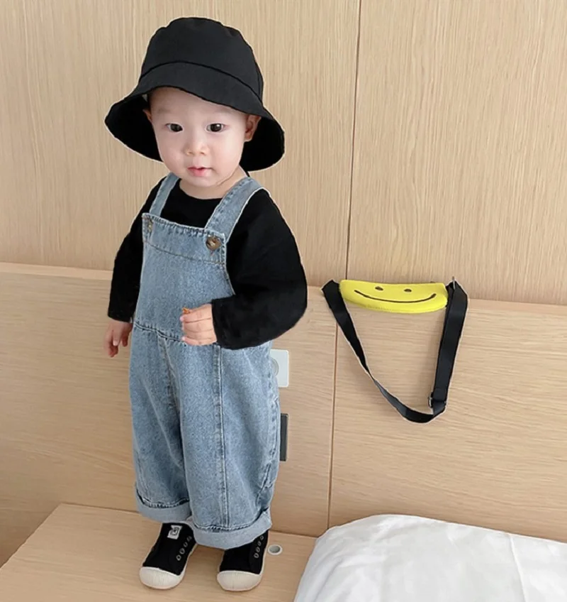 

Denim Fashion Strapes Baby Straight Overalls Boys Blue Loose Pants Wide Leg Kids Trousers For Spring Autumn 1-8 Years