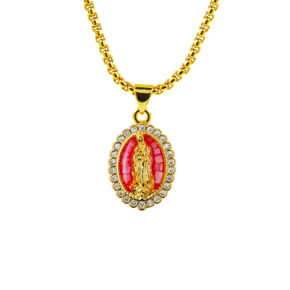 

Trendy Rainbow Shell Virgin Mary Pendant Necklace CZ Cubic Zircon Gold Plated Charm Women Christian Religion Jewelry Gifts