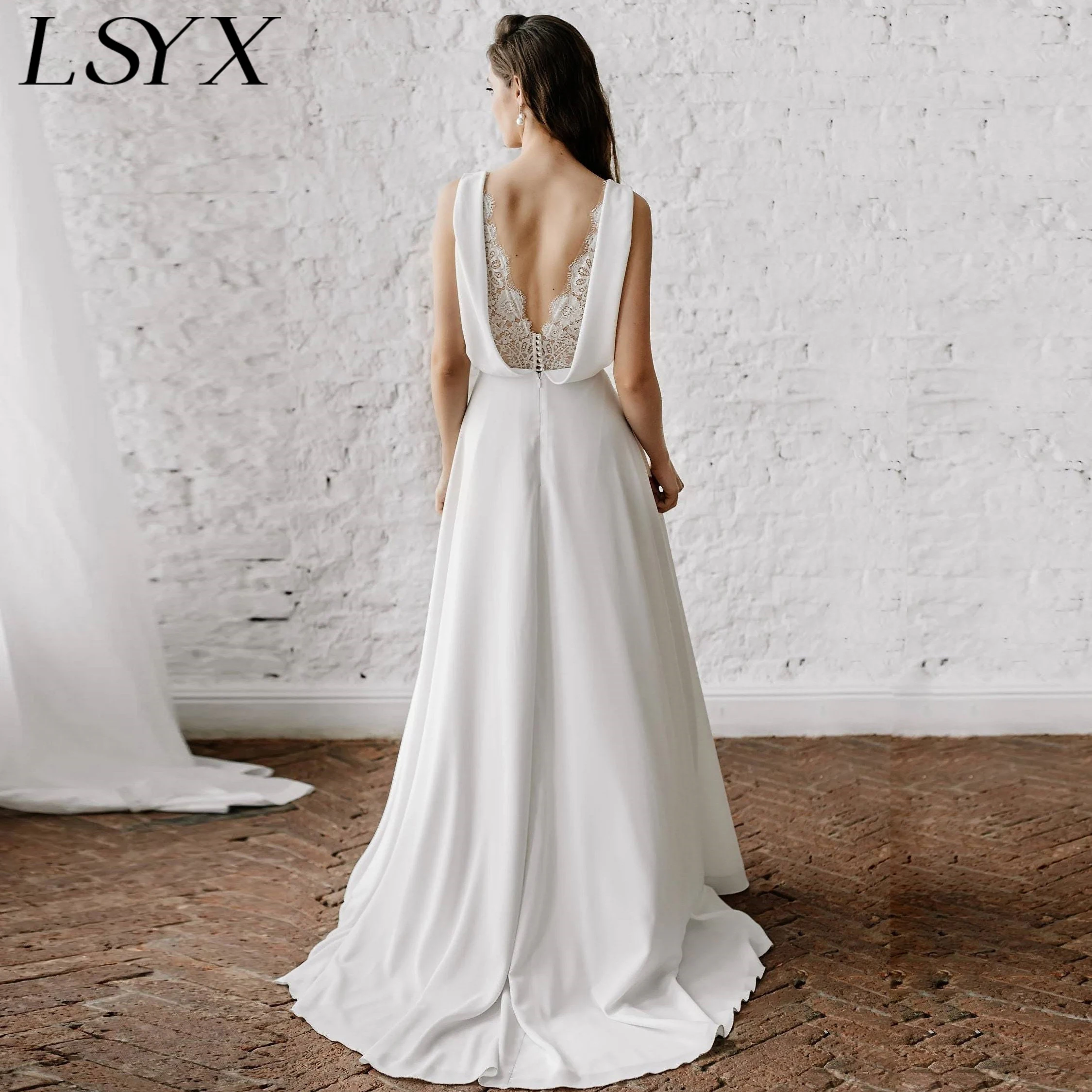 

LSYX Backless V Neck Lace Boho Wedding Dress A Line Elegant Ruched Sleeveless Simple Bridal Gown Custom Made