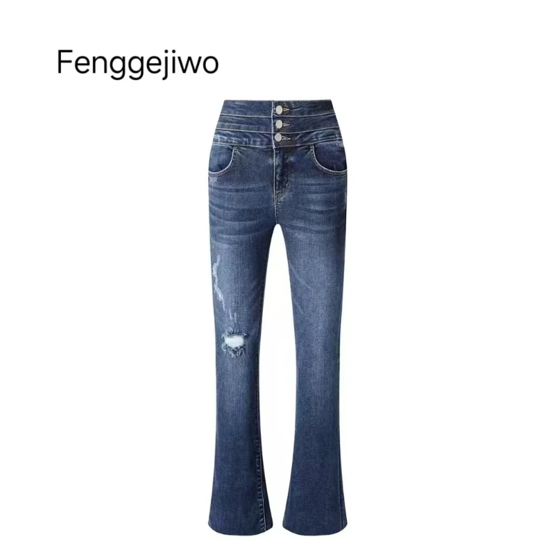 

Fenggejiwo Spring/Summer Three Buckle High Waist Slightly distressed denim jeans with natural distressed effect, handcrafted dis