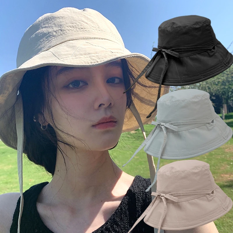 

French Women's Sunhat Summer Outdoor Beach Fisherman Hat Sunscreen UV Protection Cap Adjustable Cotton Wide Brim Bucket Caps