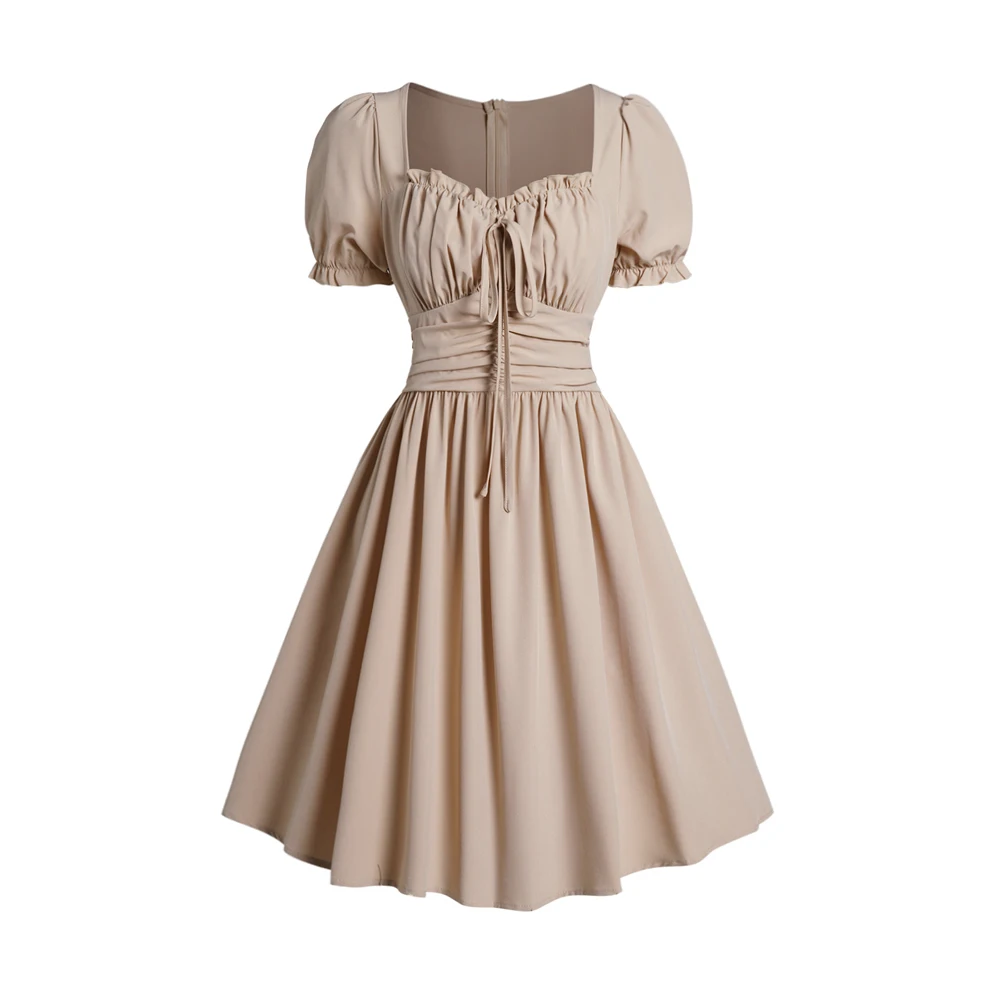 

Light Coffee Waist-cinching Skirt Vintage Ruched Puff Sleeve Mini Dress Ruffles Tie Knot Solid Color Robe