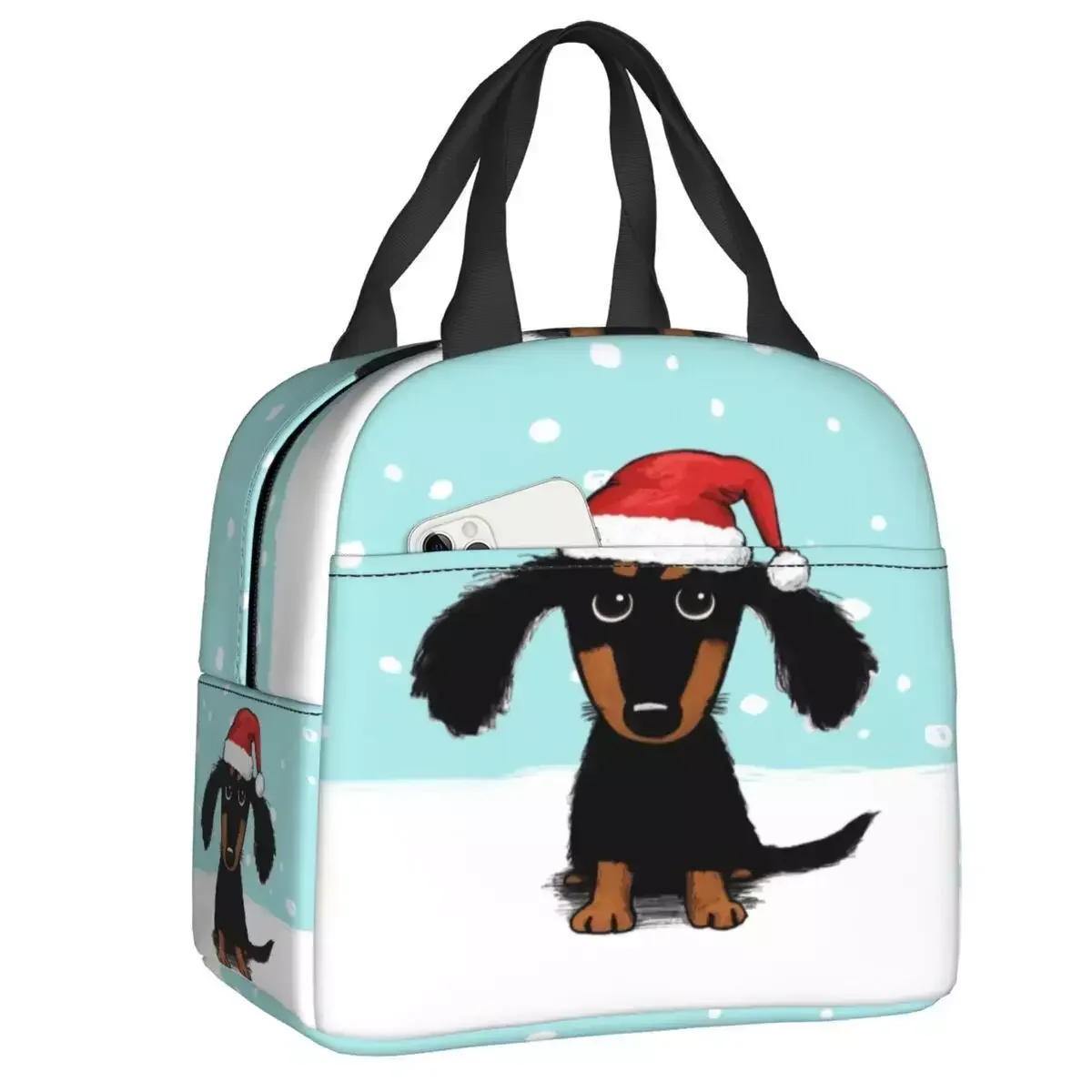 

Новинка 2023, милая Рождественская изолированная сумка-тоут для ланча с таксой для зимы, переносной холодильник с собакой и Сантой, термальный школьный контейнер для бенто