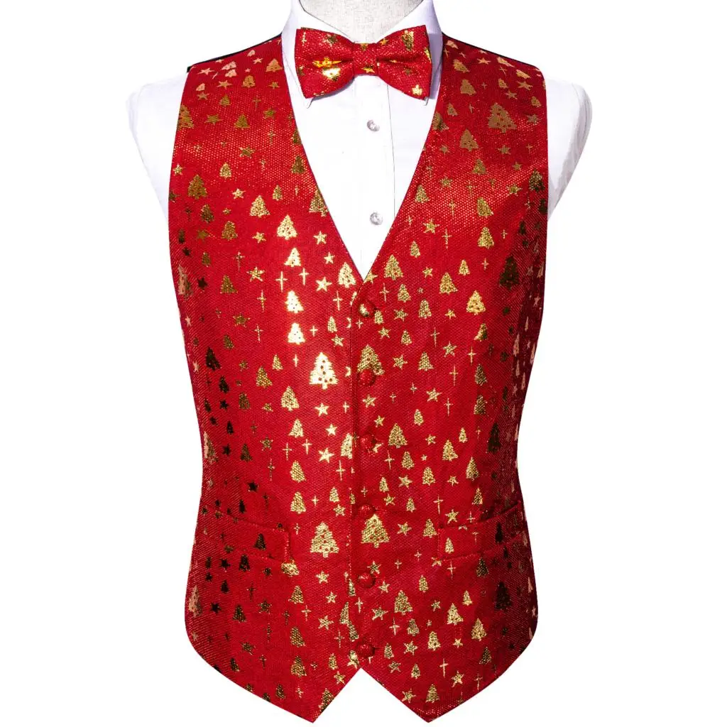 

Luxury Festival Silk Vest for Men Red Gold Stars Xmas Christmas Trees Waistcoat Grow Ornament Tie Bowtie Set Party Barry Wang