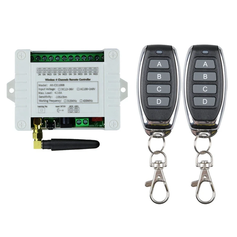 DC 12V 24V 36V 10A 433Mhz 4 Channel Wireless Relay RF Remote Control Switch Receiver+4CH Transmitter
DC 12V 24V 36V 10A 433Mhz 4 Channel Wireless Relay RF Remote Control Switch Receiver+4CH Transmitter