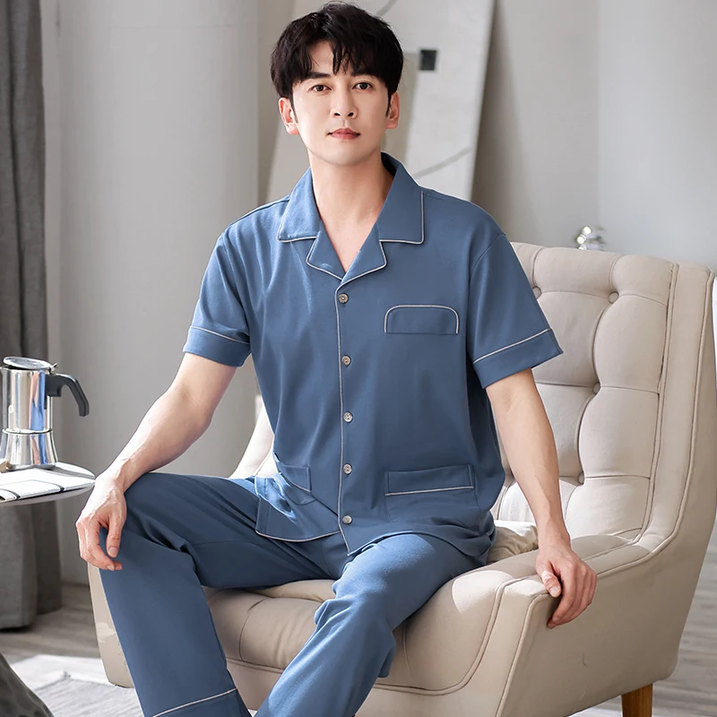 New style pajamas for men's summer pure cotton short sleeved long pants, cardigan lapel set, oversized minimalist home clothing
New style pajamas for men's summer pure cotton short sleeved long pants, cardigan lapel set, oversized minimalist home clothing