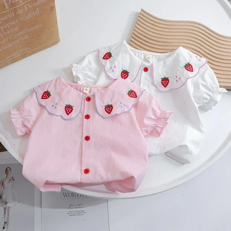 

Baby Girls Blouses Kids Strawberry Print Short Sleeved T-shirt 2024 Summer 1 To 6 Yrs Children's Thin Clothing Korean Style