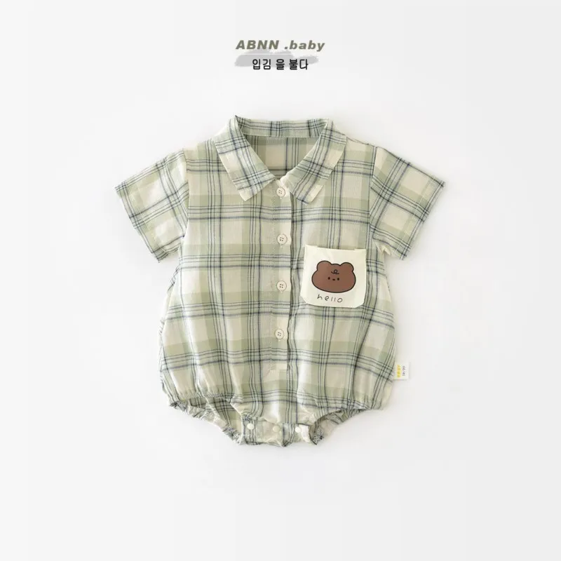 

2024 Korean Summer Newborn Boys Rompers Cotton Short Sleeve Plaid Cartoon Patched Thin Baby Boys Bodysuit Infant Boys Outfits