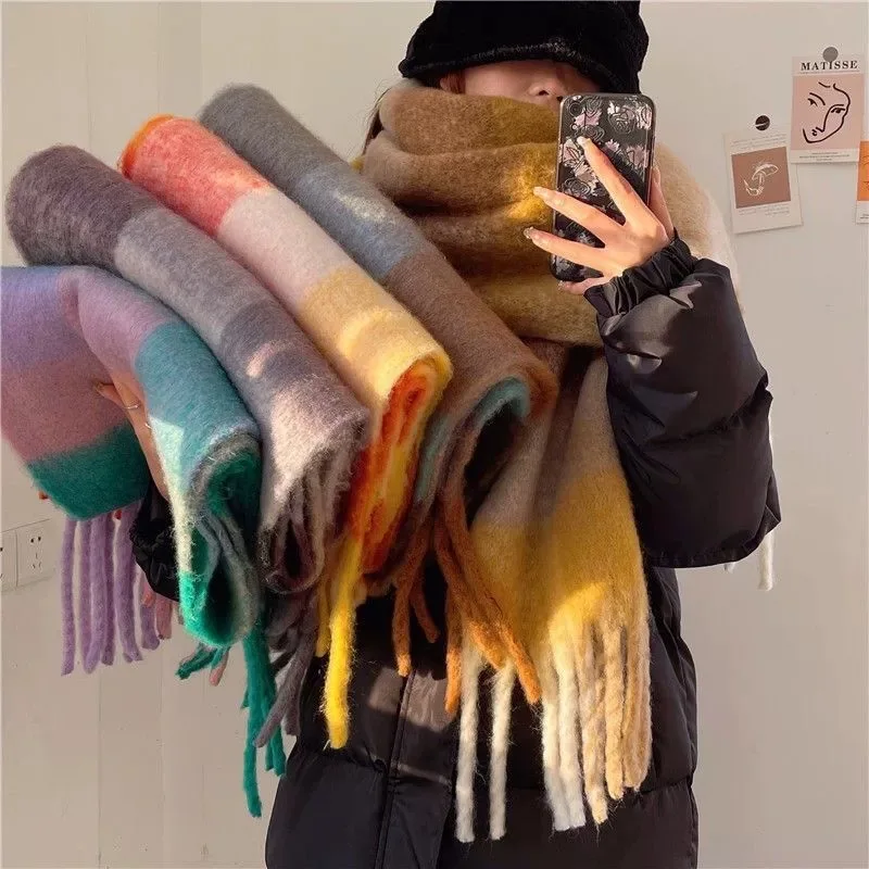 

Checked Mohair Scarf Rainbow Chunky and Long Keep Warm European Style Mature Elegant Vivid Fashion Lady Thick Winter New Style