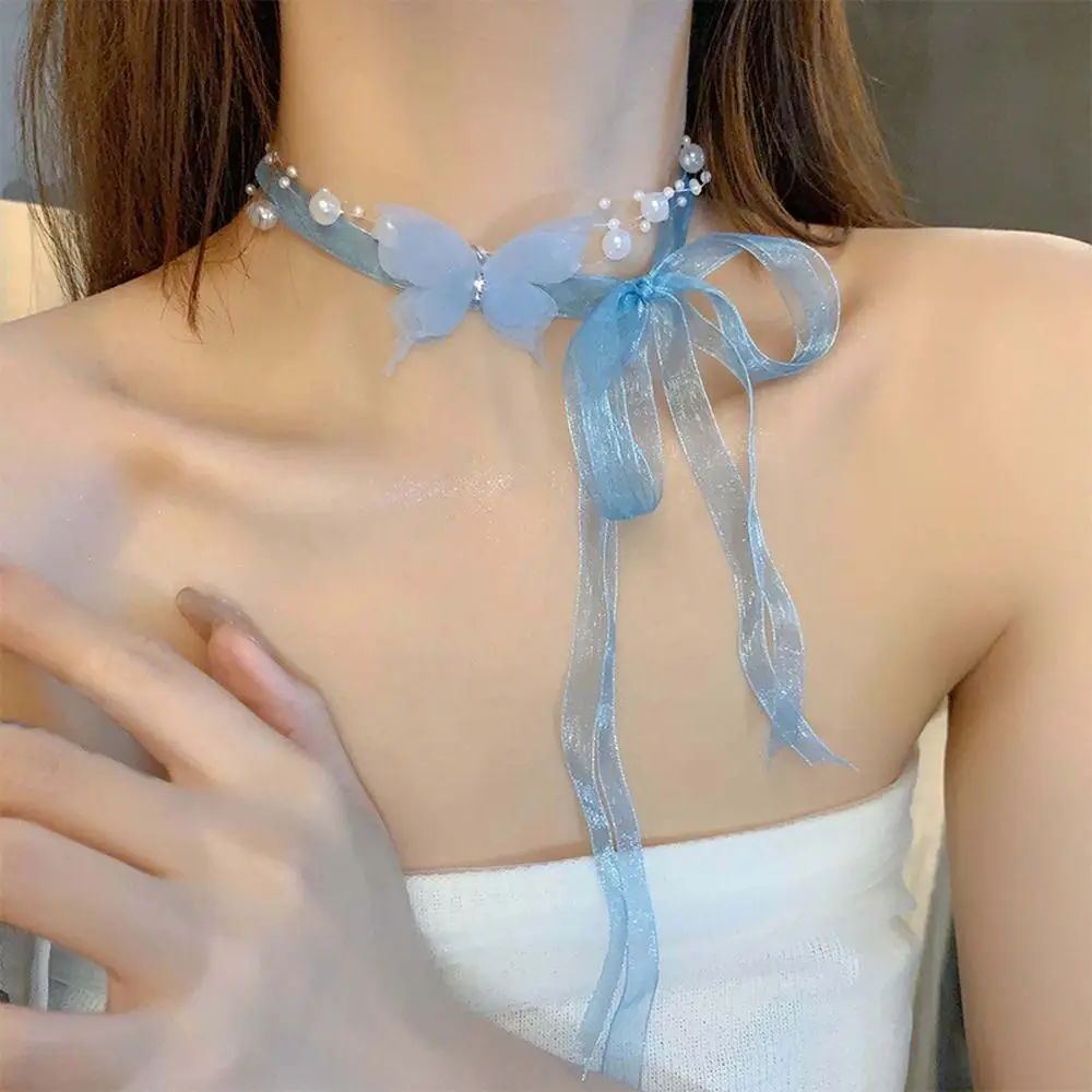 

Imitation Pearl Elegant Niche Design Women Butterfly Necklace Girl Ribbon Choker Fashion Jewelry Korean Style Necklace
